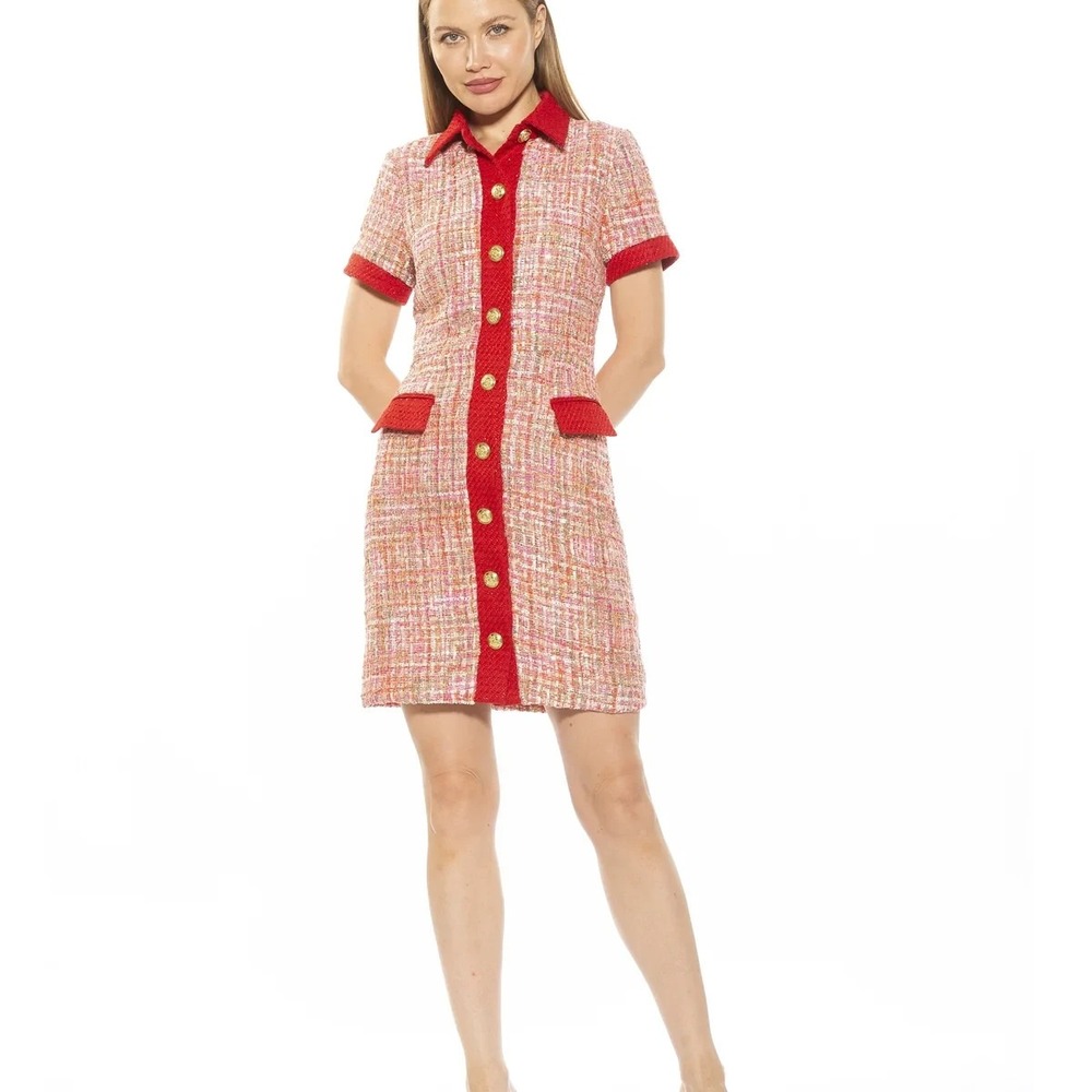 Alexia Admor Jenni Tweed Shirt Dress Pink Gold Button Collar Button Down Mini 14